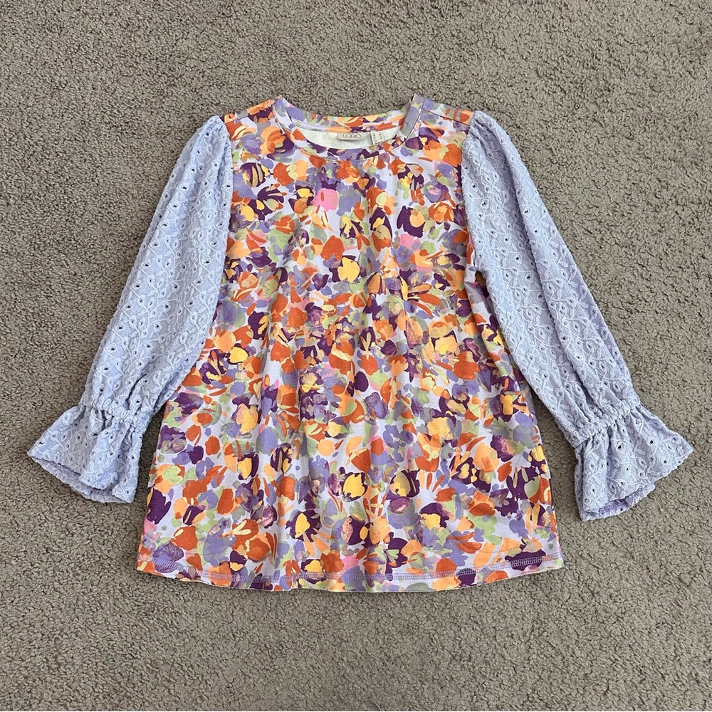 Logo Lori Goldstein Floral Eyelet Sleeve Top Womens S